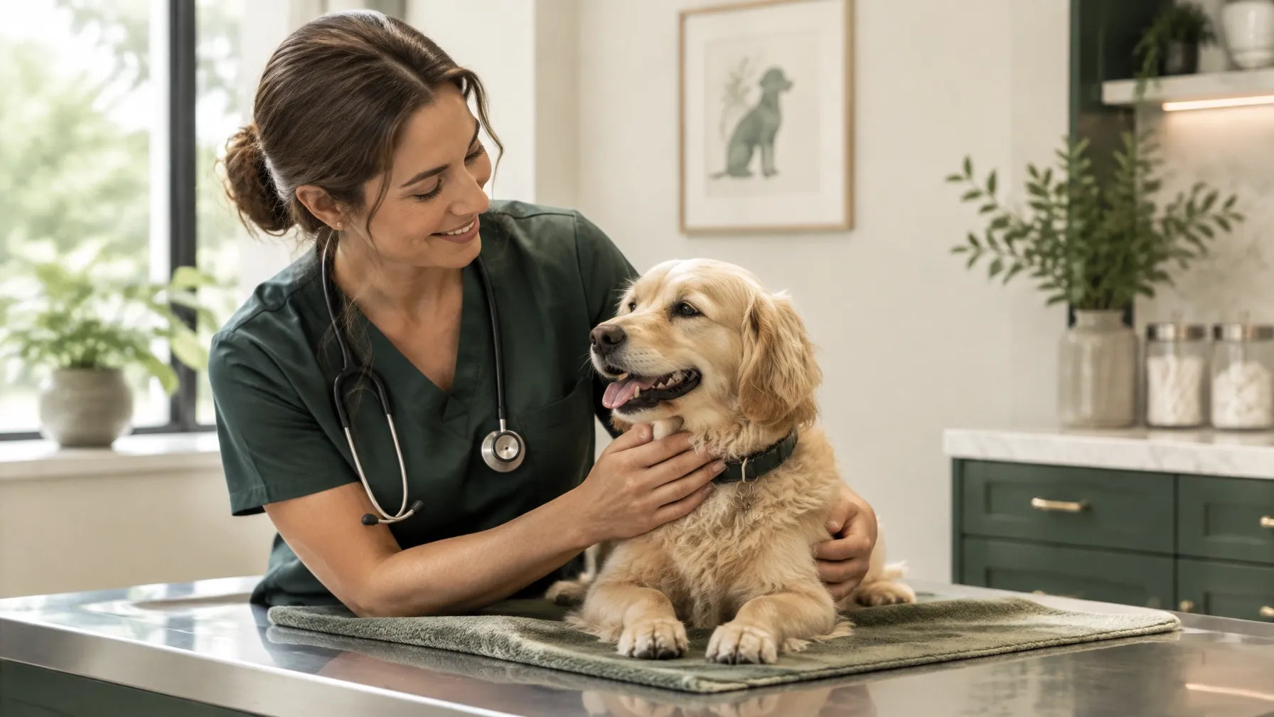 A veterinarian calmly examining a dog in a clinic